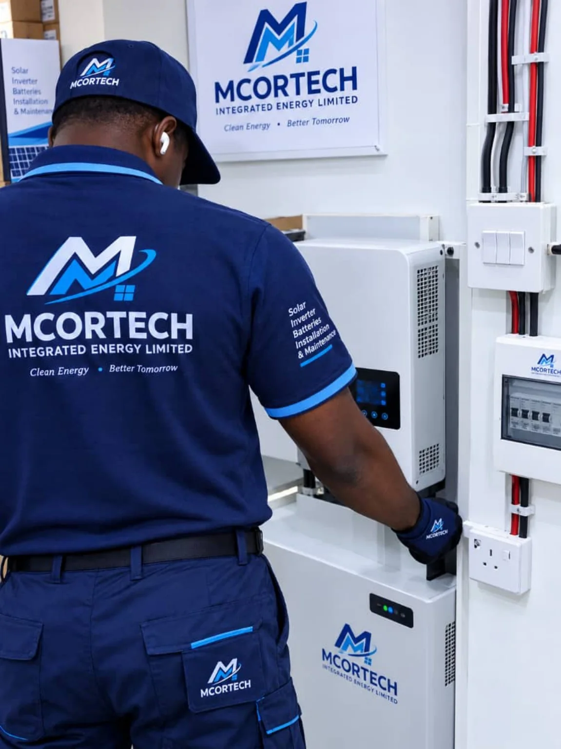 MCORTECH technician working on an inverter and battery installation